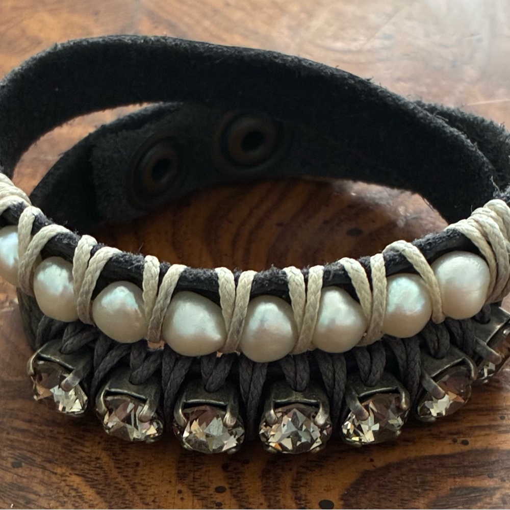 La Hola Leather Pearl Swarovski Crystal Wrap Bracelet
